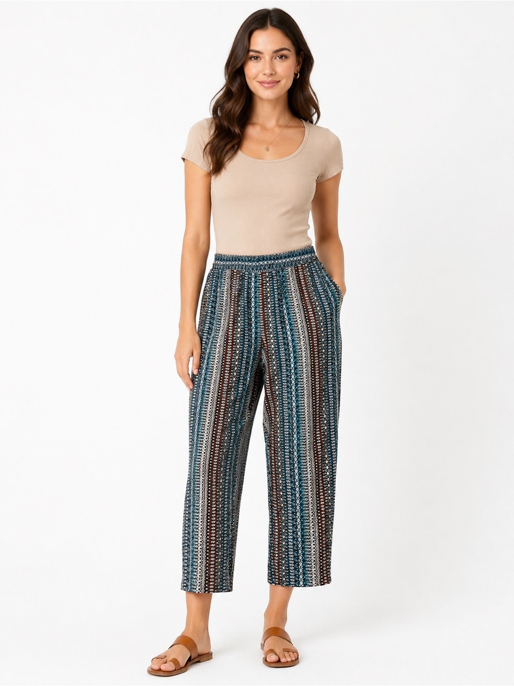 Jessica Simpson Teal, Beige & Brown Striped Wide-Leg Cropped Pants